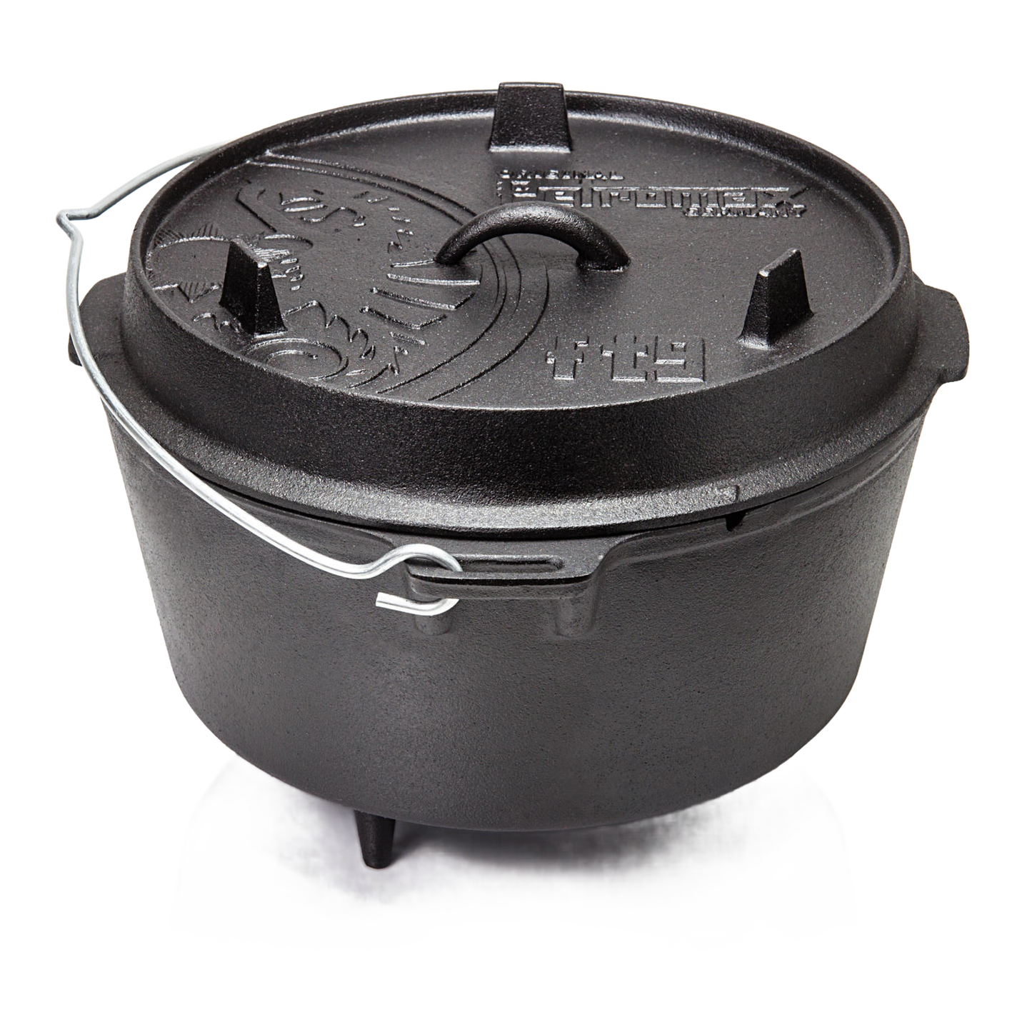 Durable black cast iron Dutch oven with three legs and a fitted embossed lid featuring a sturdy wire bail handle, ideal for Kitchen & Food, Cookware, Cast Iron, and Best Sellers collections.