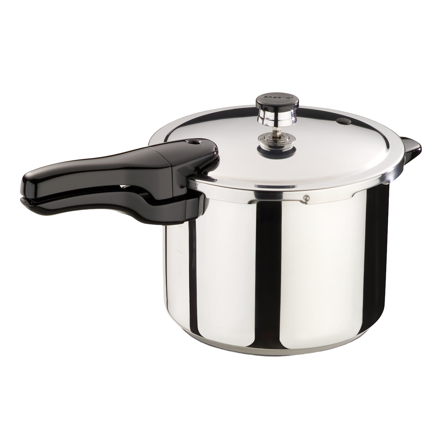 Polished stainless steel pressure cooker with a secure black handle and lid knob, featuring a tri-clad base for efficient heat retention, ideal for Kitchen & Food, Cookware, Pots and Pans, Best Sellers, and Promo Eligible collections.