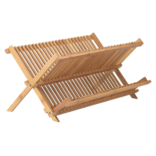 Foldable bamboo dish drying rack with slatted design for improved airflow and faster drying, crafted from natural bamboo, ideal for kitchen accessories and home decor collections.