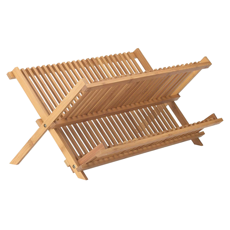 Foldable bamboo dish drying rack with slatted design for improved airflow and faster drying, crafted from natural bamboo, ideal for kitchen accessories and home decor collections.
