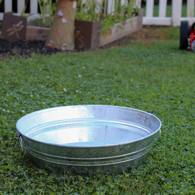 Handcrafted steel low flat tub with durable wire handles, watertight and weather-resistant for versatile indoor and outdoor use in Home & Decor, Farm, Garden & Tool, and Animal Care collections.
