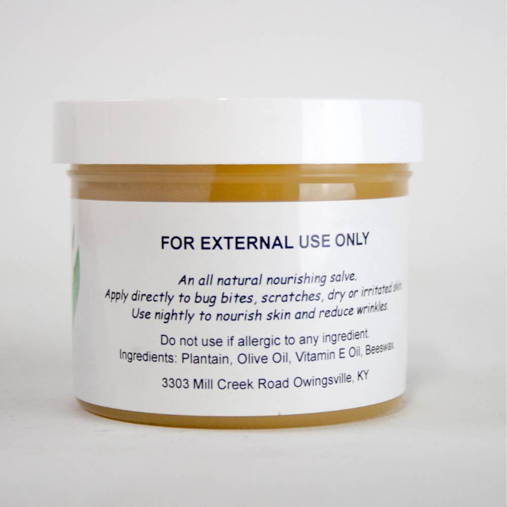 Round jar of handcrafted all-natural plantain salve with white label detailing usage and ingredients, perfect for Health & Wellness, Amish Made, USA Made, and Best Sellers collections.