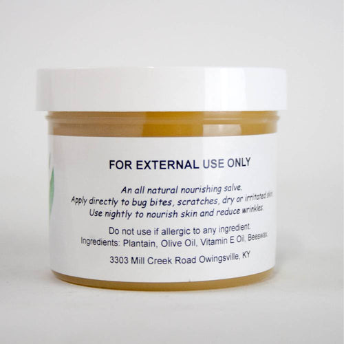 Round jar of handcrafted all-natural plantain salve with white label detailing usage and ingredients, perfect for Health & Wellness, Amish Made, USA Made, and Best Sellers collections.