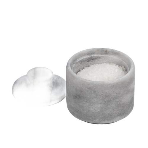 Handcrafted solid marble salt cellar with lid, filled with coarse salt, designed for Kitchen & Food, Storage and Serving, Best Sellers, Promo Eligible, and Sale collections.