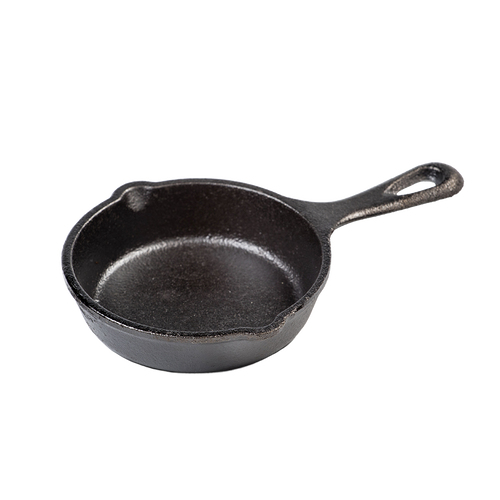 Small pre-seasoned cast iron skillet with handle and pouring spouts, ideal for kitchen and food cookware, cast iron, and cooking accessories collections.