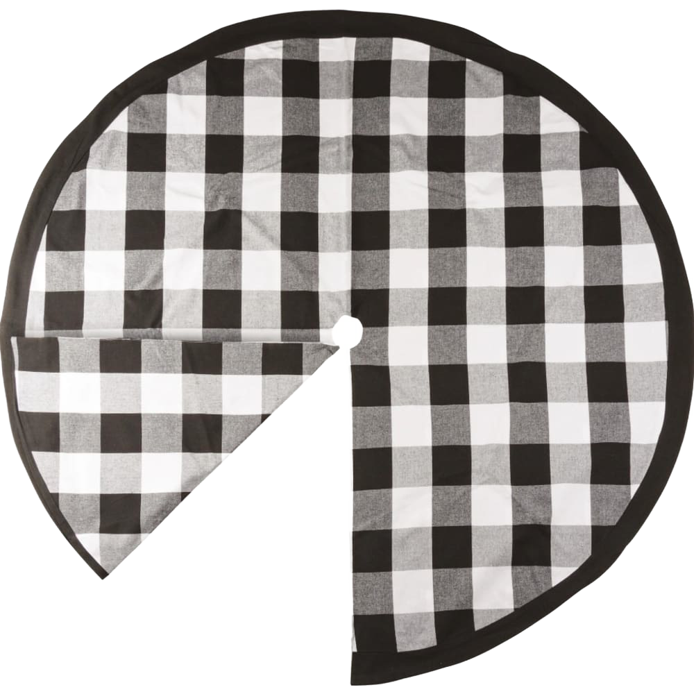 Handcrafted buffalo check tree skirt in black and white cotton, showcasing classic country charm, perfect for Home & Decor, Holiday Decor, Best Sellers, and Promo Eligible collections.