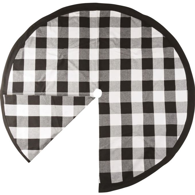 Handcrafted buffalo check tree skirt in black and white cotton, showcasing classic country charm, perfect for Home & Decor, Holiday Decor, Best Sellers, and Promo Eligible collections.