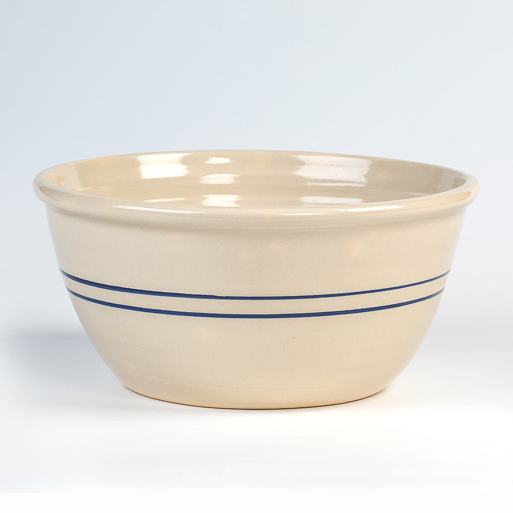 Handcrafted 16-inch stoneware mixing bowl with a heritage blue stripe, made in USA, durable for Kitchen & Food, Cookware, Baking Supplies, Storage and Serving collections.