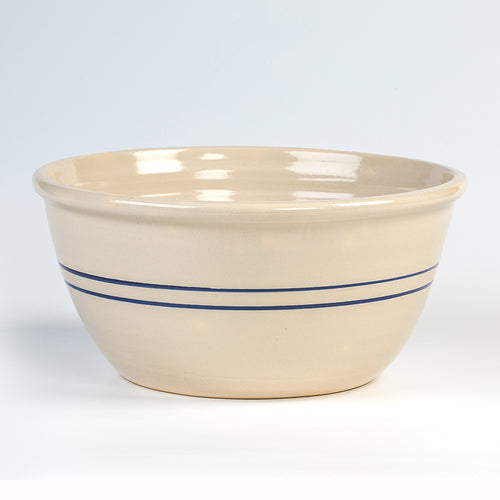 Handcrafted 16-inch stoneware mixing bowl with a heritage blue stripe, made in USA, durable for Kitchen & Food, Cookware, Baking Supplies, Storage and Serving collections.