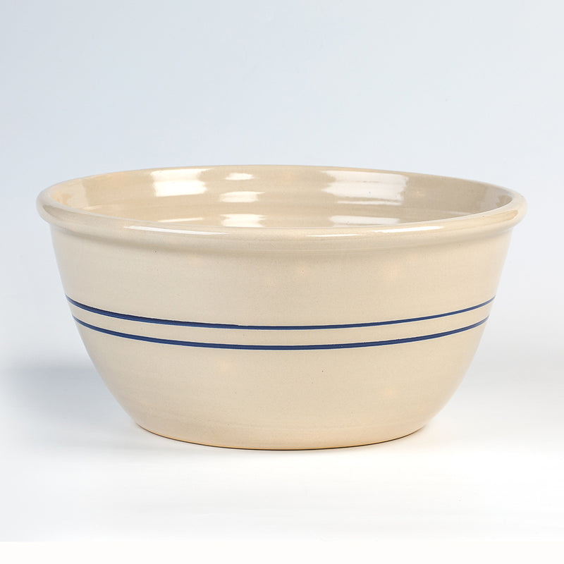 Handcrafted 16-inch stoneware mixing bowl with a heritage blue stripe, made in USA, durable for Kitchen & Food, Cookware, Baking Supplies, Storage and Serving collections.