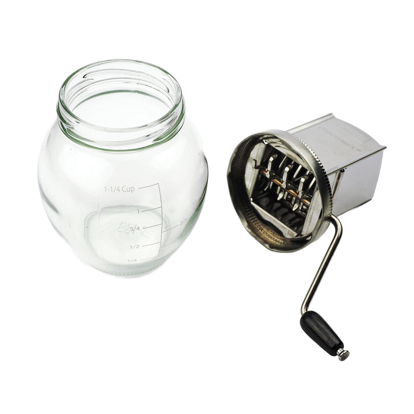 Vintage-style nut grinder with glass jar featuring measurement lines and a stainless steel hand-crank mechanism, ideal for Kitchen & Food, Food Prep, and Best Sellers collections.
