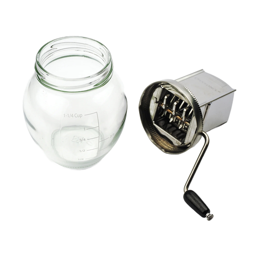 Vintage-style nut grinder with glass jar featuring measurement lines and a stainless steel hand-crank mechanism, ideal for Kitchen & Food, Food Prep, and Best Sellers collections.
