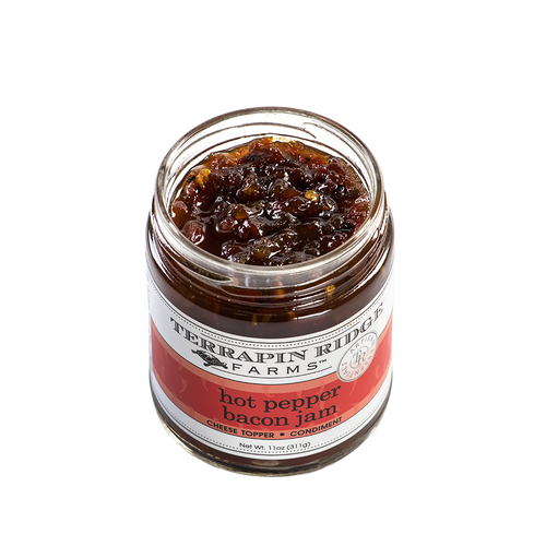 Open jar of handcrafted hot pepper bacon jam showing chunky texture, featured in Kitchen & Food, Pantry, and USA Made collections for flavorful meal enhancements