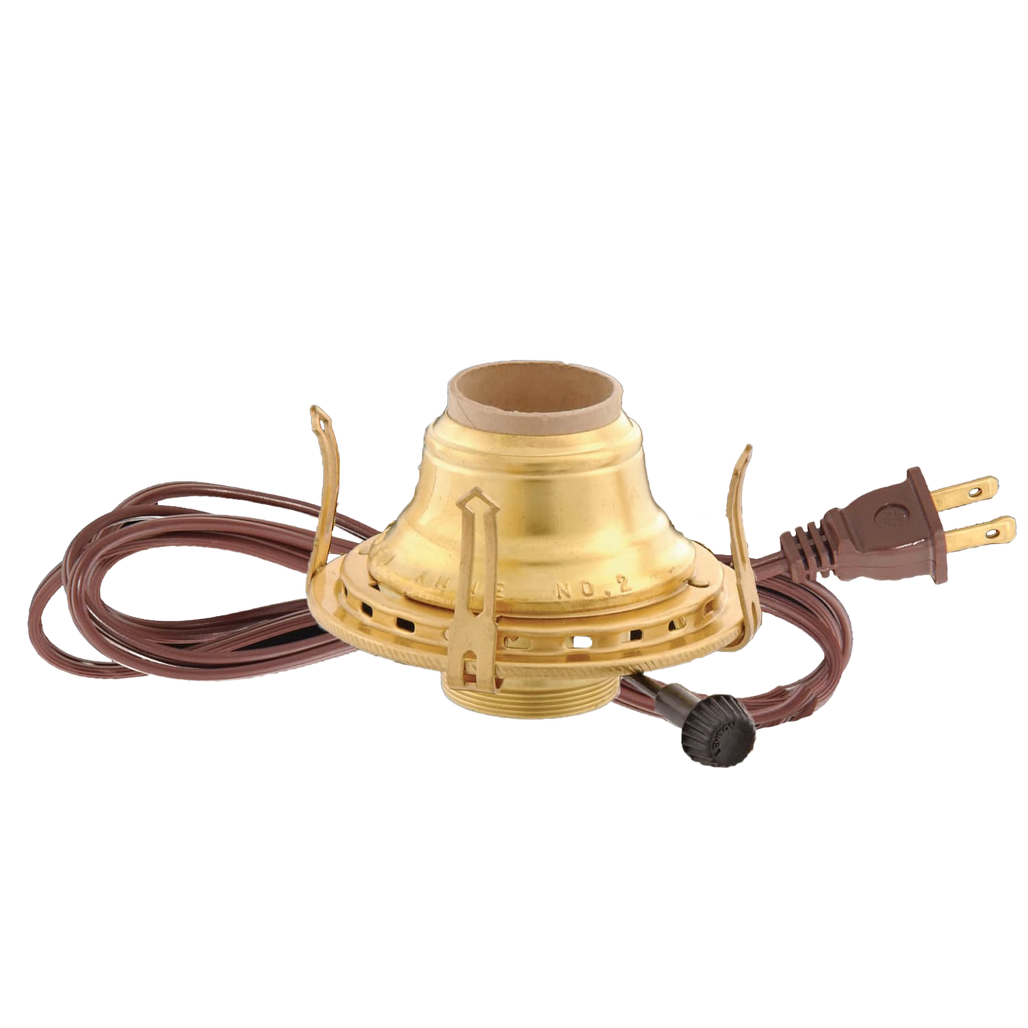 Solid brass electric burner for oil lamps with UL listed cord and arrow-shaped prongs, handcrafted and featured in Lamps & Lighting, Parts and Accessories, and Electric Conversion collections.