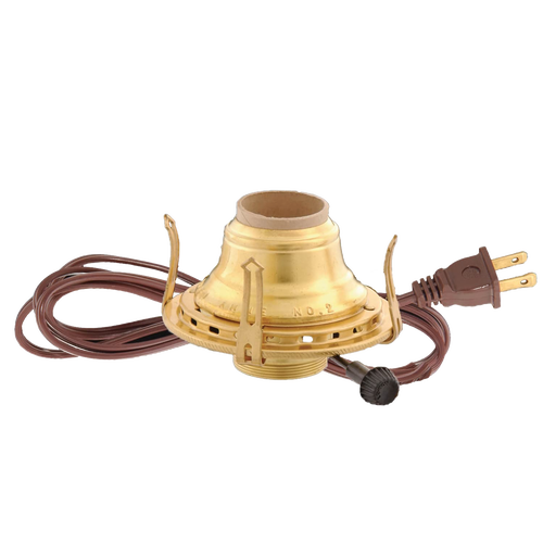 Solid brass electric burner for oil lamps with UL listed cord and arrow-shaped prongs, handcrafted and featured in Lamps & Lighting, Parts and Accessories, and Electric Conversion collections.