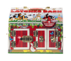 Handcrafted wooden barn toy with three functional brass latches and brightly painted red barn doors, includes four flocked animal play figures, part of children's wooden toys and best sellers collections.