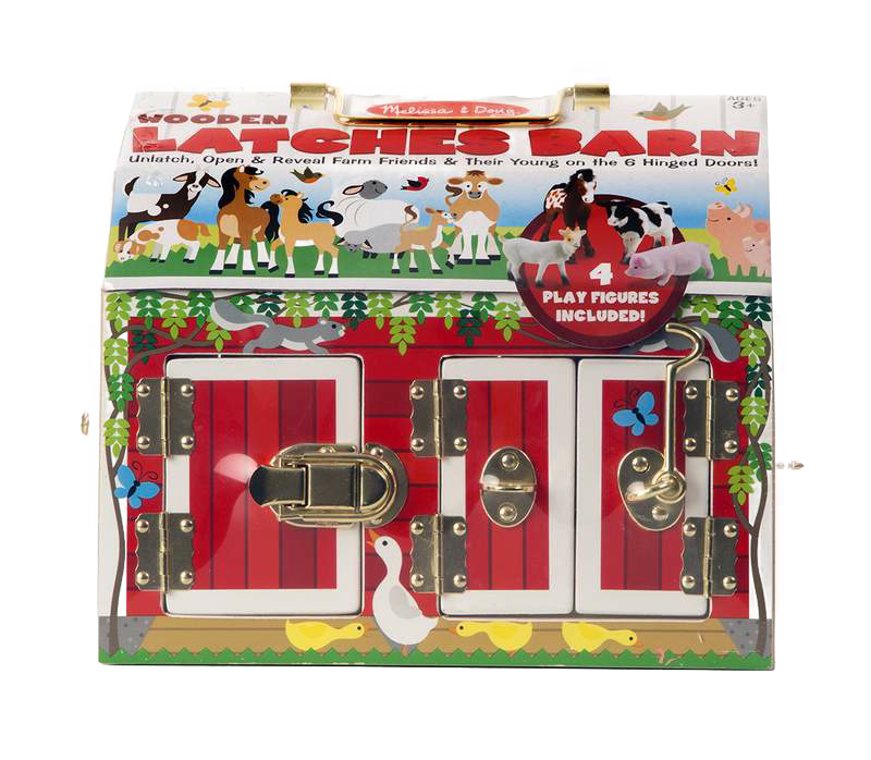 Handcrafted wooden barn toy with three functional brass latches and brightly painted red barn doors, includes four flocked animal play figures, part of children's wooden toys and best sellers collections.