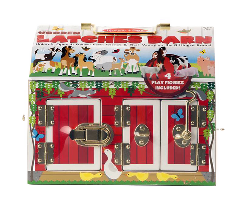 Handcrafted wooden barn toy with three functional brass latches and brightly painted red barn doors, includes four flocked animal play figures, part of children's wooden toys and best sellers collections.