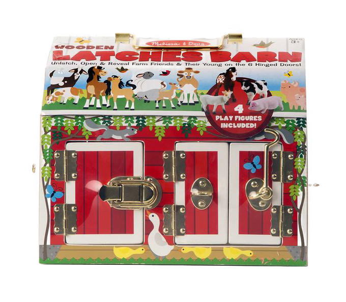 Handcrafted wooden barn toy with three functional brass latches and brightly painted red barn doors, includes four flocked animal play figures, part of children's wooden toys and best sellers collections.