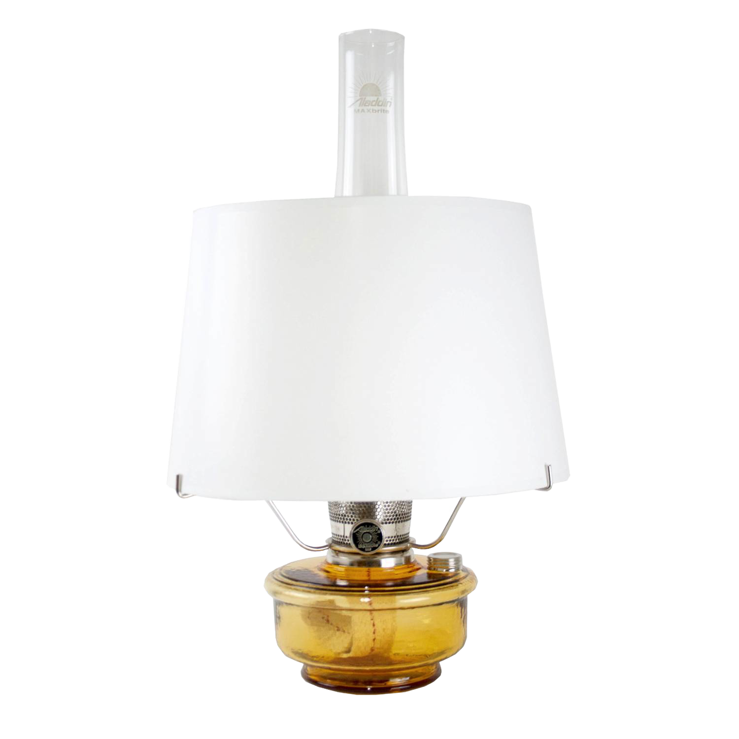 Amber glass oil lamp with bright white parchment shade and clear glass chimney, featuring an English wick and tripod, ideal for Farm, Garden & Tool, Lamps & Lighting, and Emergency Supplies collections.