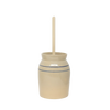 Handcrafted stoneware butter churn in natural stone color with traditional double blue stripes and smooth unfinished wooden dasher, made in USA, featured in Kitchen & Food and Specialty Equipment collections.
