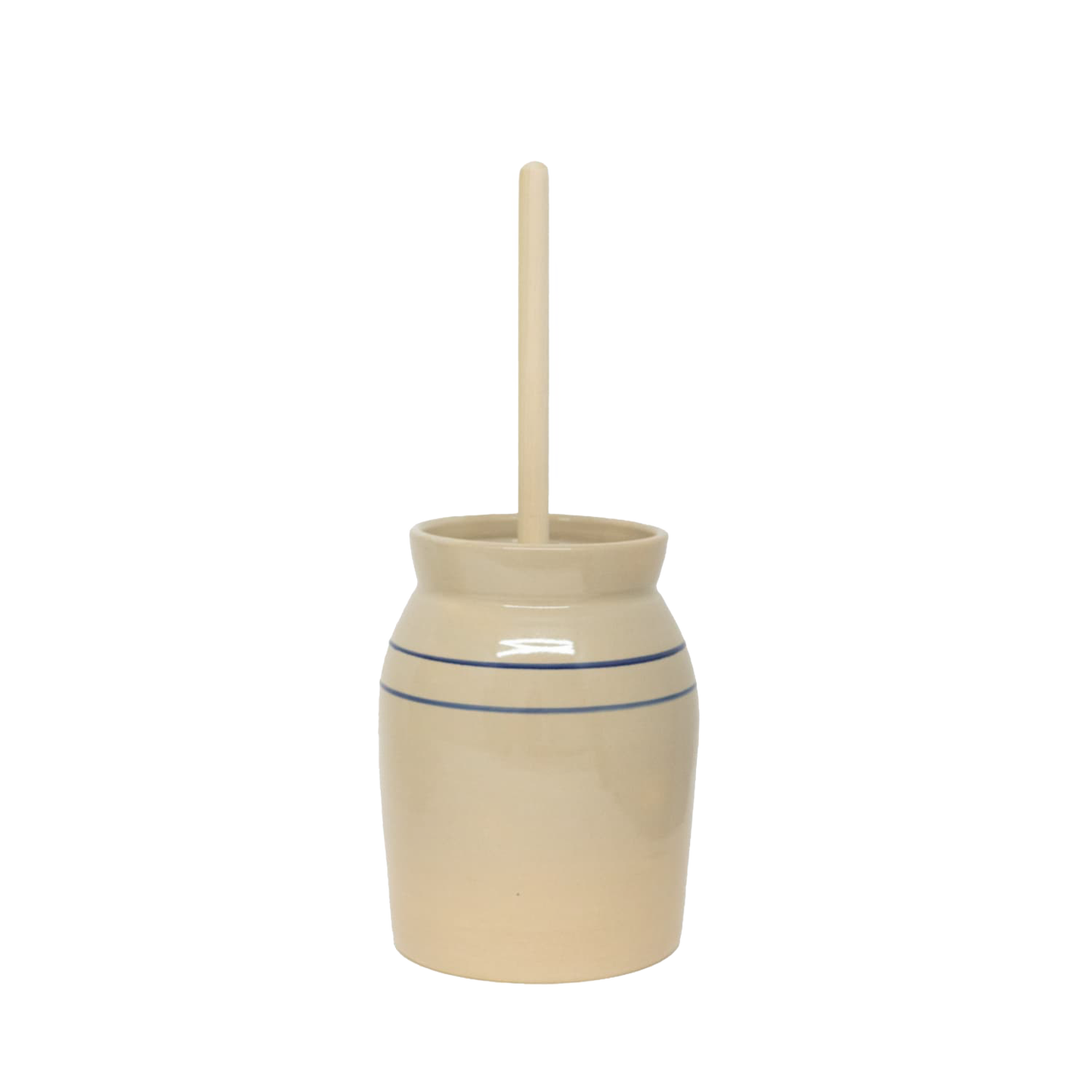 Handcrafted stoneware butter churn in natural stone color with traditional double blue stripes and smooth unfinished wooden dasher, made in USA, featured in Kitchen & Food and Specialty Equipment collections.