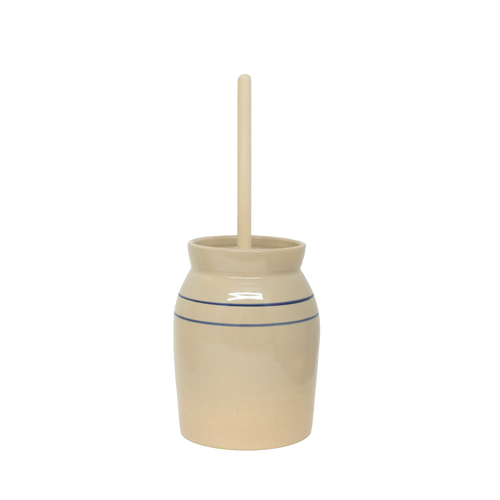 Handcrafted stoneware butter churn in natural stone color with traditional double blue stripes and smooth unfinished wooden dasher, made in USA, featured in Kitchen & Food and Specialty Equipment collections.