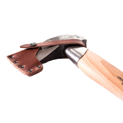Handcrafted splitting axe with a sharp forged steel head and smooth wooden handle, featuring a sturdy brown leather sheath with metal rivets, ideal for farm, garden, and wood cutting tasks.