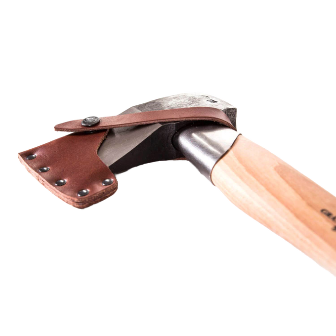 Handcrafted splitting axe with a sharp forged steel head and smooth wooden handle, featuring a sturdy brown leather sheath with metal rivets, ideal for farm, garden, and wood cutting tasks.