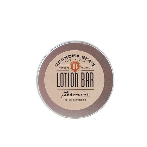 Round tin of handcrafted lotion bar labeled "Grandma Bea's" with jasmine scent, made in USA, featured in Health & Wellness, Balms, Creams and Lotions, Grooming and Personal Hygiene, USA Made, Best Sellers, and Promo Eligible collections.