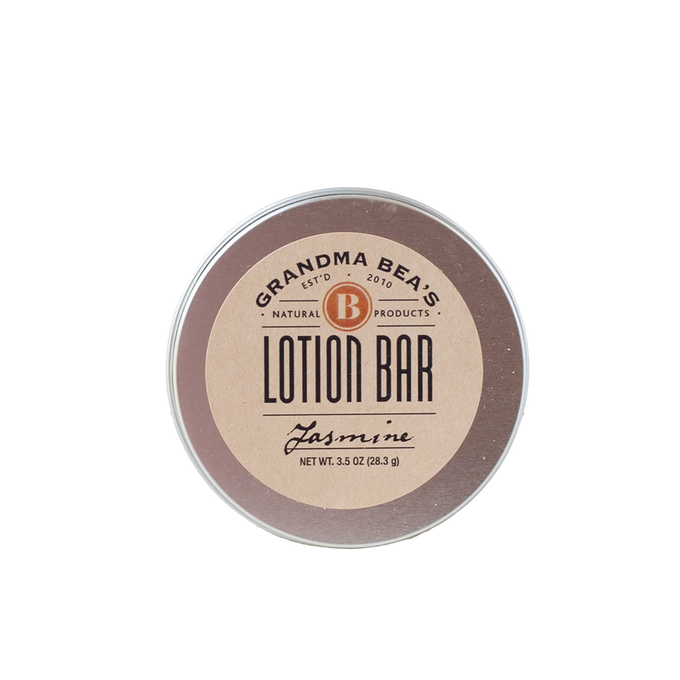 Round tin of handcrafted lotion bar labeled "Grandma Bea's" with jasmine scent, made in USA, featured in Health & Wellness, Balms, Creams and Lotions, Grooming and Personal Hygiene, USA Made, Best Sellers, and Promo Eligible collections.
