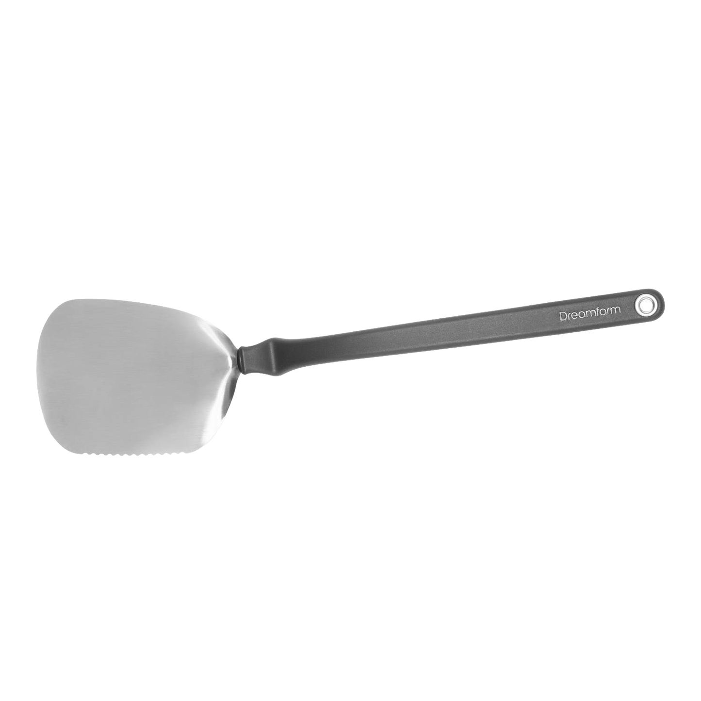 Flexible stainless steel grill spatula with a long gray handle featuring a hanging loop, designed for flipping and cutting food, ideal for Kitchen & Food, Grilling, and Cooking collections.