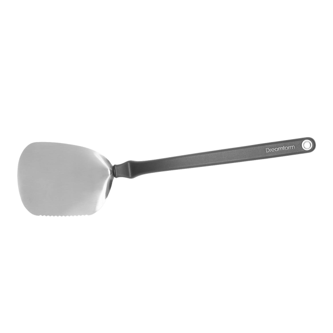 Flexible stainless steel grill spatula with a long gray handle featuring a hanging loop, designed for flipping and cutting food, ideal for Kitchen & Food, Grilling, and Cooking collections.