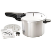 Handcrafted aluminum pressure cooker with polished finish and black handle, accompanied by steam rack, pressure regulator, and instruction manual, featured in Kitchen & Food, Cookware, Pots and Pans, Best Sellers, and Promo Eligible collections.
