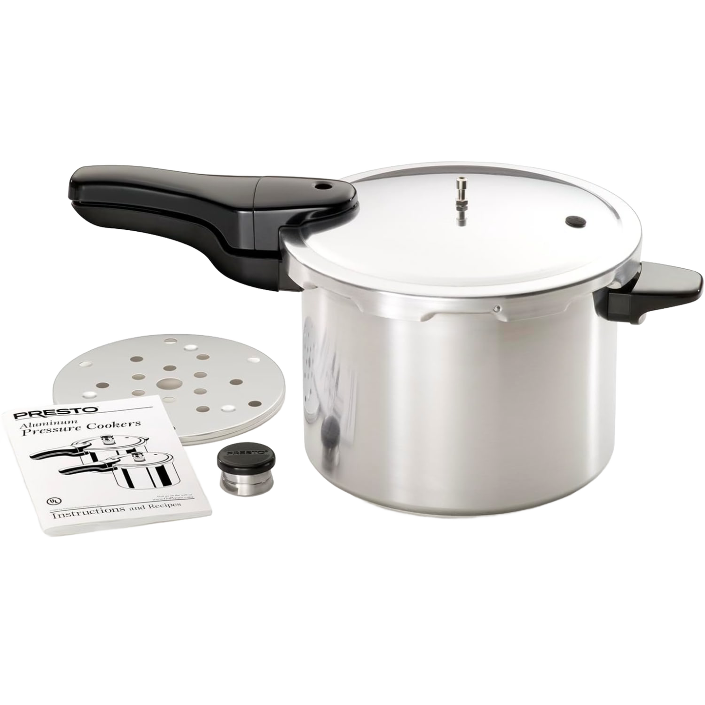 Handcrafted aluminum pressure cooker with polished finish and black handle, accompanied by steam rack, pressure regulator, and instruction manual, featured in Kitchen & Food, Cookware, Pots and Pans, Best Sellers, and Promo Eligible collections.
