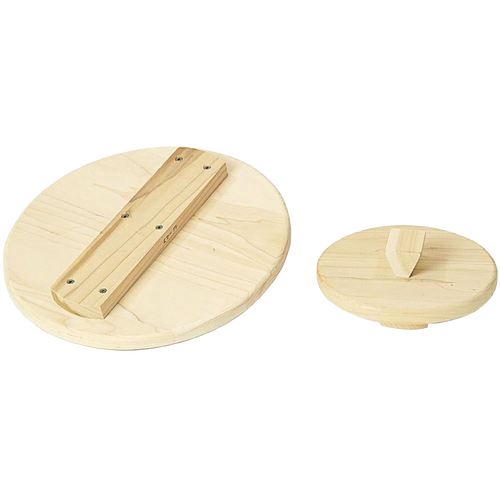 Set of two handcrafted unfinished poplar wooden lids for crocks, designed for fermenting and pickling, made in USA, featured in Kitchen & Food and Food Preservation collections.