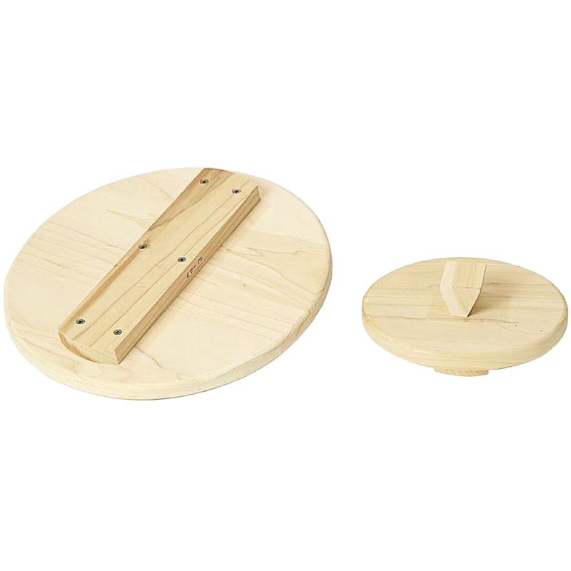 Set of two handcrafted unfinished poplar wooden lids for crocks, designed for fermenting and pickling, made in USA, featured in Kitchen & Food and Food Preservation collections.
