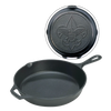 Seasoned black cast iron skillet with embossed Boy Scout emblem on the underside, handcrafted in the USA, featured in Kitchen & Food, Cast Iron, Cookware, USA Made, Best Sellers collections.