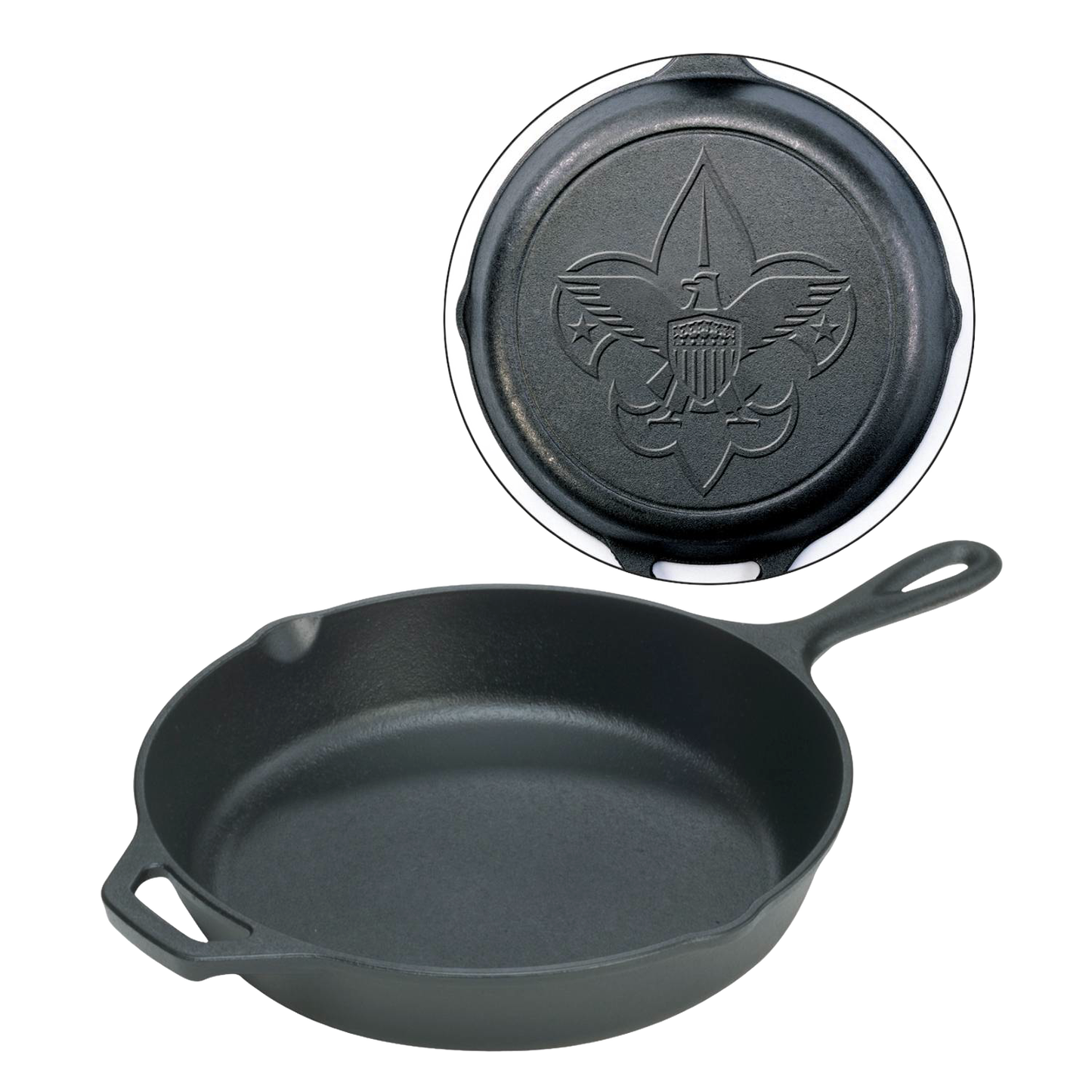Seasoned black cast iron skillet with embossed Boy Scout emblem on the underside, handcrafted in the USA, featured in Kitchen & Food, Cast Iron, Cookware, USA Made, Best Sellers collections.
