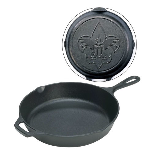 Seasoned black cast iron skillet with embossed Boy Scout emblem on the underside, handcrafted in the USA, featured in Kitchen & Food, Cast Iron, Cookware, USA Made, Best Sellers collections.
