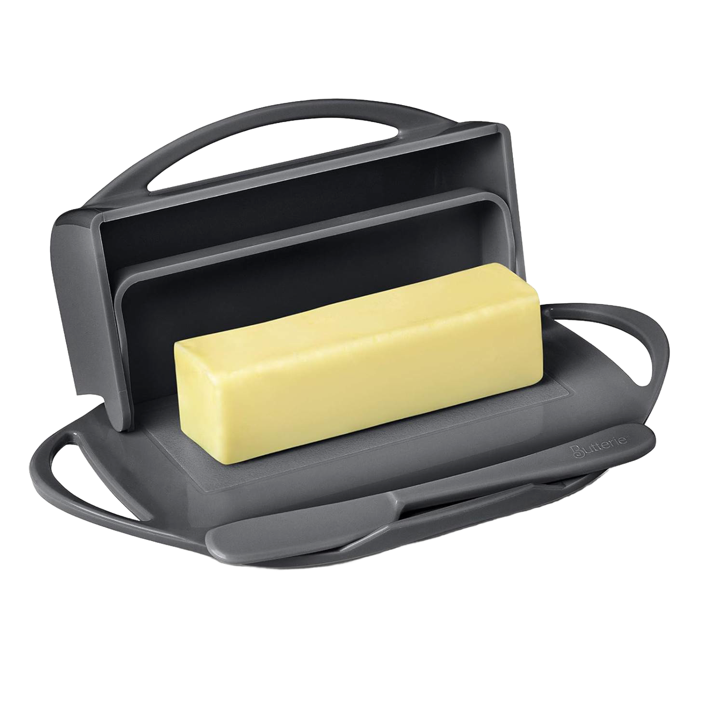 Dark gray flip-top butter dish holding a block of butter with a matching spreader in the cradle, designed for tidy storage and easy spreading in kitchen gadgets and accessories collections.