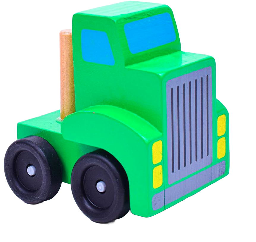 Handcrafted wooden green toy truck cab with black wheels and bright painted details, designed for kids’ indoor play within wooden toys and best sellers collections.
