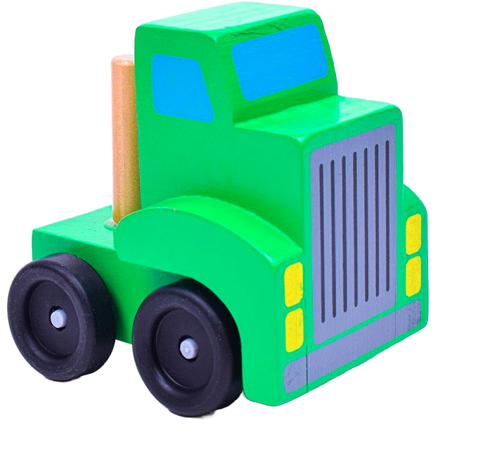 Handcrafted wooden green toy truck cab with black wheels and bright painted details, designed for kids’ indoor play within wooden toys and best sellers collections.