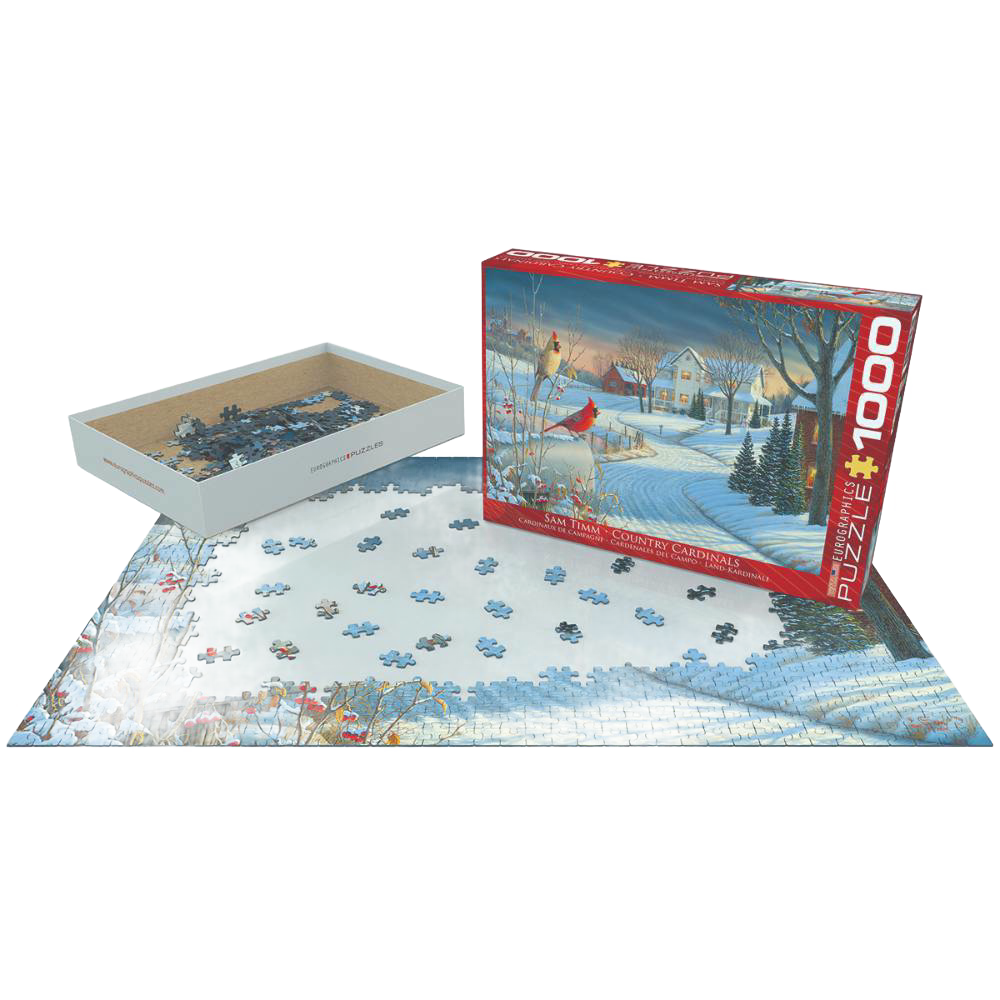 Partially assembled 1000-piece jigsaw puzzle depicting a winter scene with a Northern Cardinal and snow-covered landscape, made in USA, featured in Toys, Books & Games and Puzzles collections.