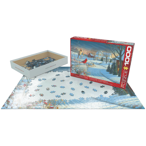 Partially assembled 1000-piece jigsaw puzzle depicting a winter scene with a Northern Cardinal and snow-covered landscape, made in USA, featured in Toys, Books & Games and Puzzles collections.