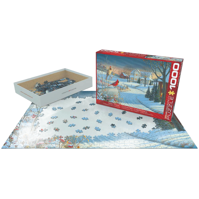 Partially assembled 1000-piece jigsaw puzzle depicting a winter scene with a Northern Cardinal and snow-covered landscape, made in USA, featured in Toys, Books & Games and Puzzles collections.