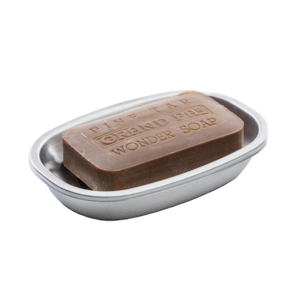 Brushed stainless steel soap dish with removable top piece designed to keep soap dry, ideal for Health & Wellness, Home & Decor, Soaps, and Household Helpers collections.