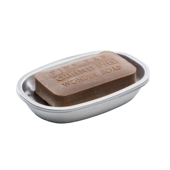 Brushed stainless steel soap dish with removable top piece designed to keep soap dry, ideal for Health & Wellness, Home & Decor, Soaps, and Household Helpers collections.