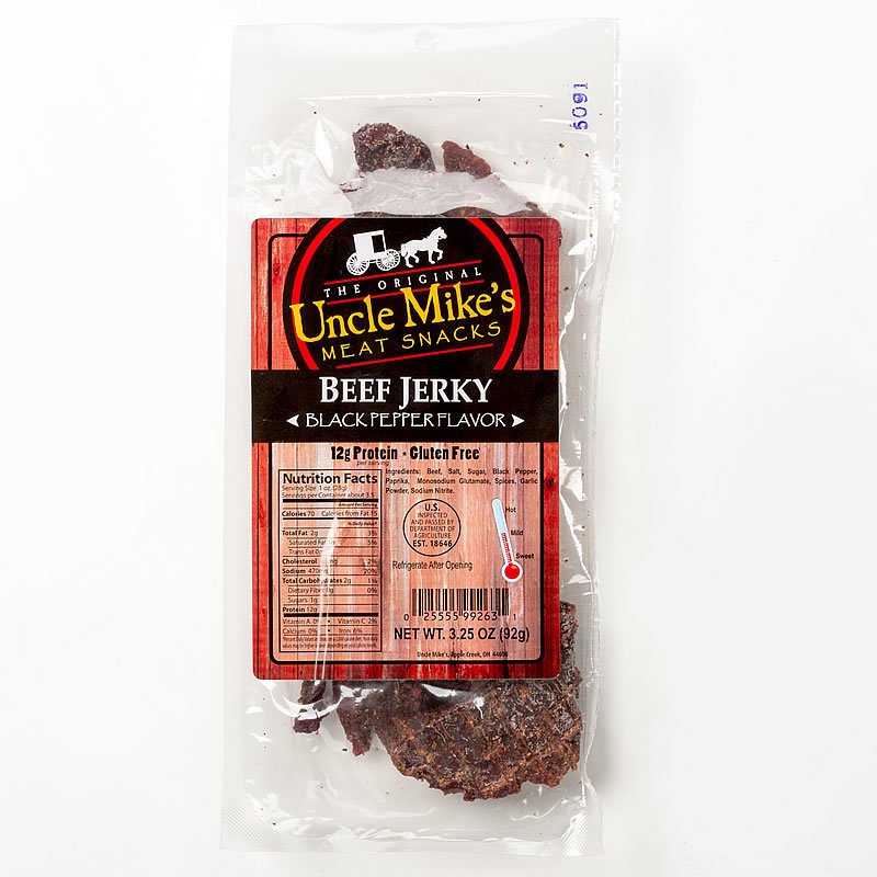 Single clear resealable bag of black pepper flavored beef jerky showing nutrition facts and product details, highlighting a gluten-free, high-protein snack made in USA for Kitchen & Food, Food, Snacks and Sweets, Meats, USA Made, Best Sellers, and Promo Eligible collections.