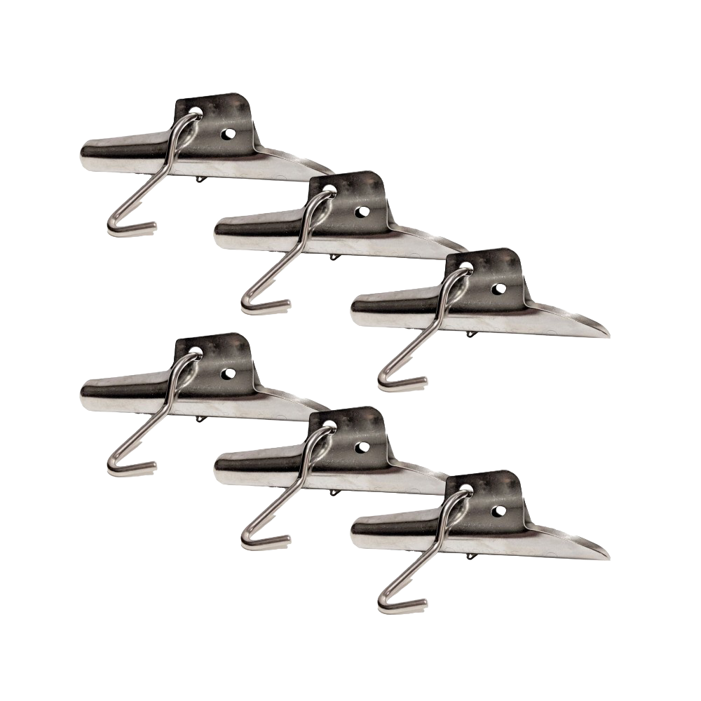 Set of six heavy-duty stainless steel bucket spiles with hooks for easy attachment to trees in maple syrup sugaring and orchard use, durable for multiple seasons, ideal for Farm, Garden & Tool collections.